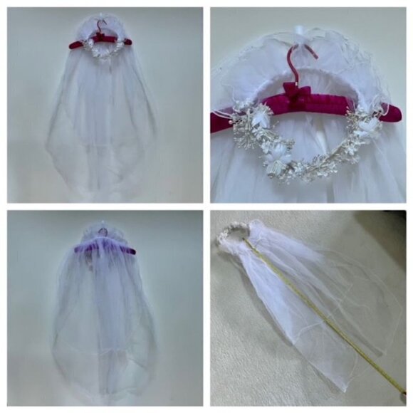 Vintage 1988 Bridal Veil with Beading/Flowers - White - 42" Long - Two Layers - Picture 1 of 1